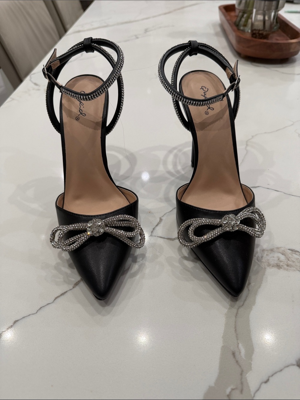 Qupid Black New Pointed-Toe Ankle-Strap Heels with Crystal Bow